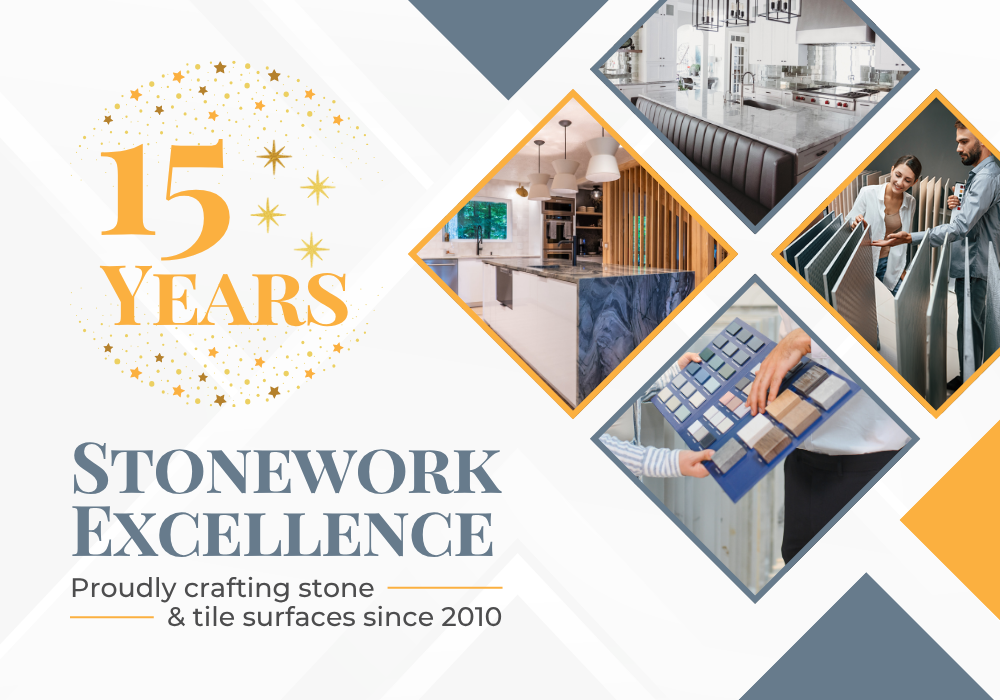 15 Years Stonework Excellence graphic with kitchen photos, slab samples, and anniversary design for Legacy Countertops