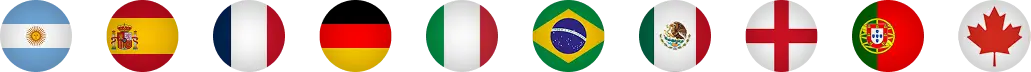 Round flag icons for Argentina, Spain, France, Germany, Italy, Brazil, Mexico, England, Portugal, and Canada